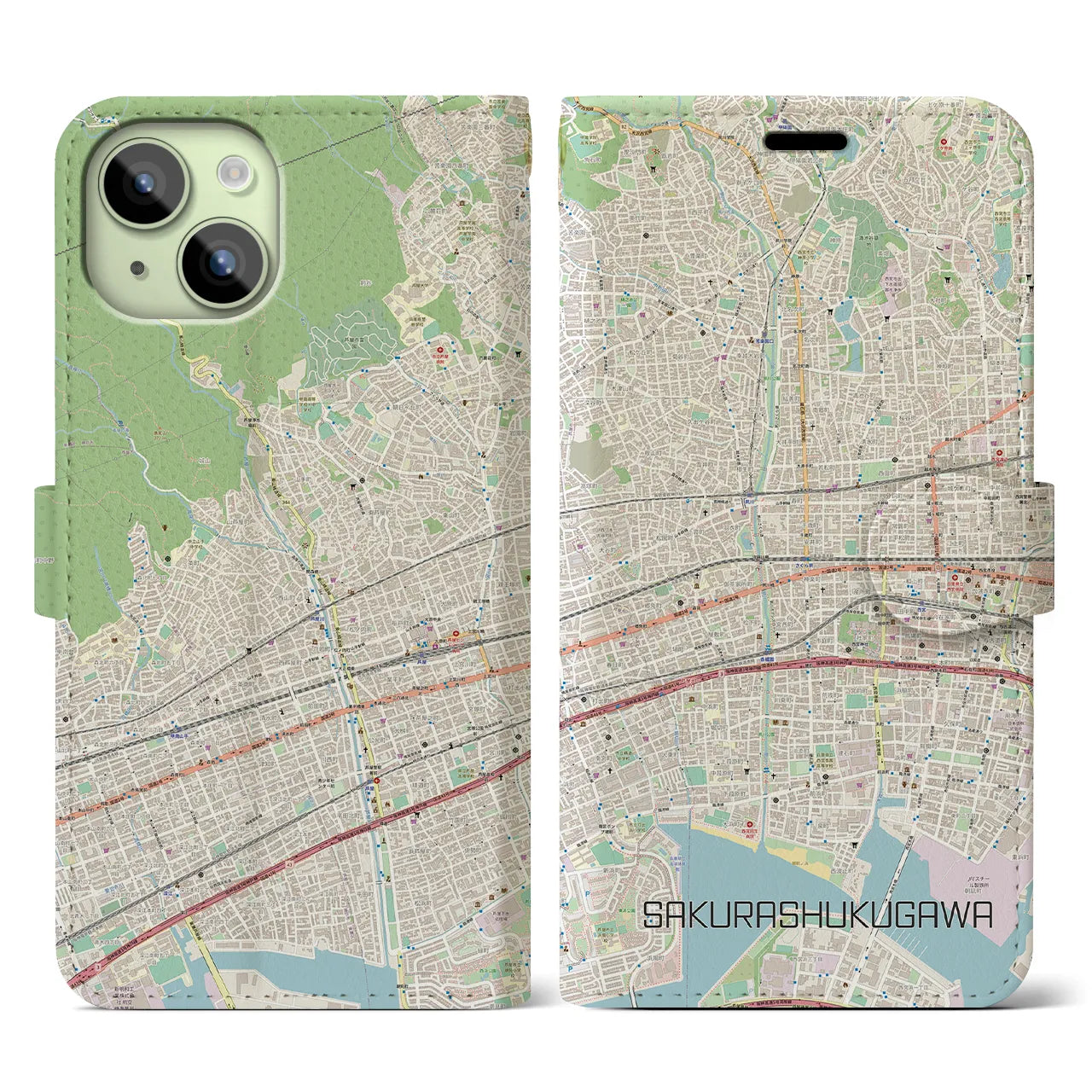 【さくら夙川(兵庫県)】地図柄iPhoneケース(手帳タイプ)ナチュラル・iPhone 15 用