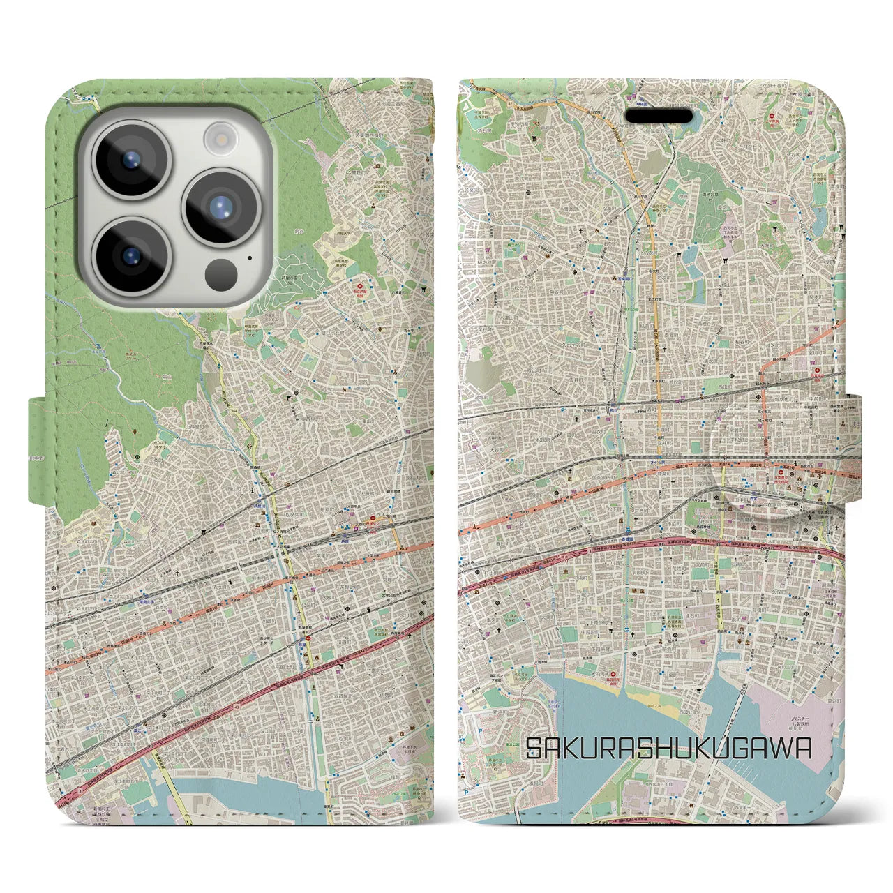 【さくら夙川(兵庫県)】地図柄iPhoneケース(手帳タイプ)ナチュラル・iPhone 15 Pro 用