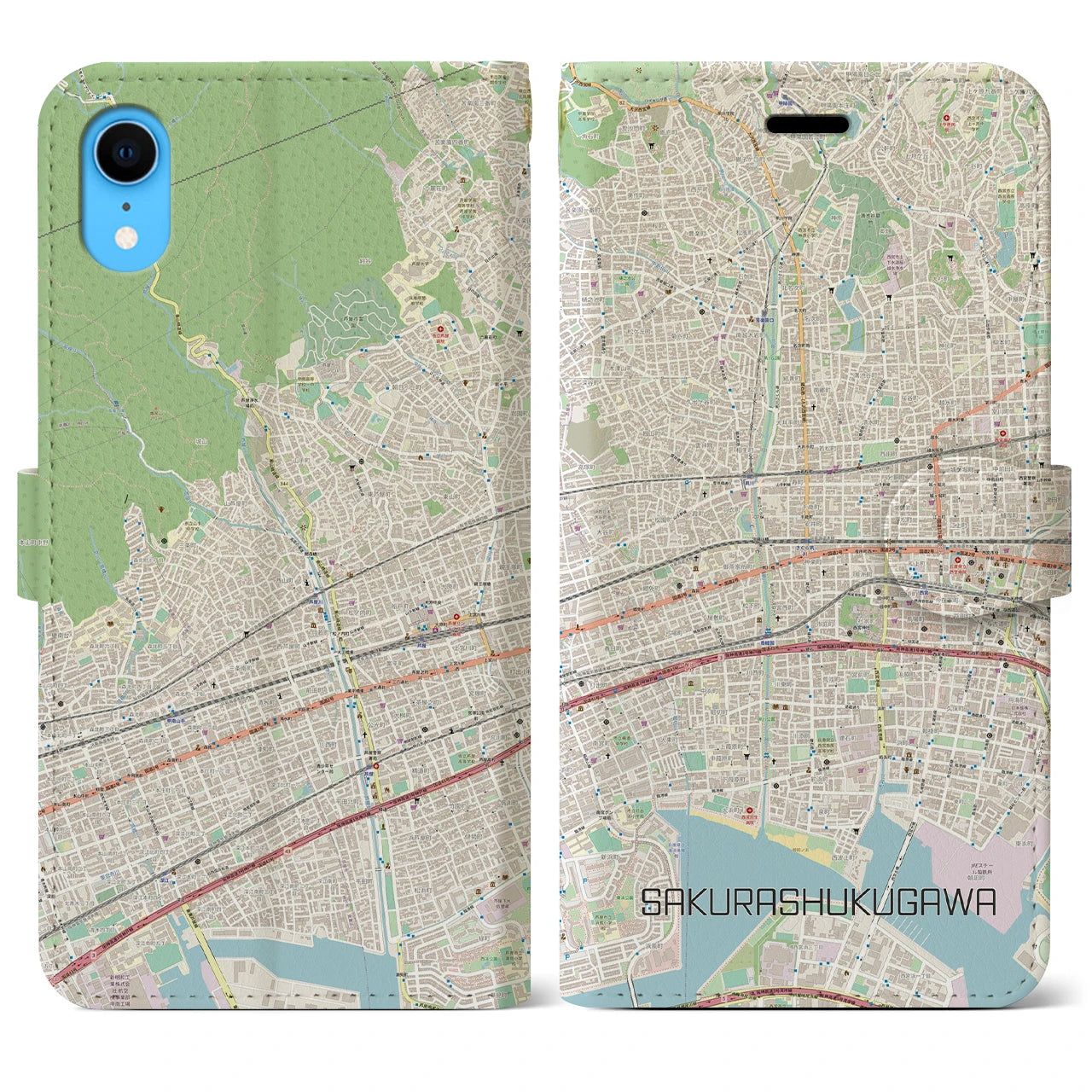 【さくら夙川(兵庫県)】地図柄iPhoneケース(手帳タイプ)ナチュラル・iPhone XR 用