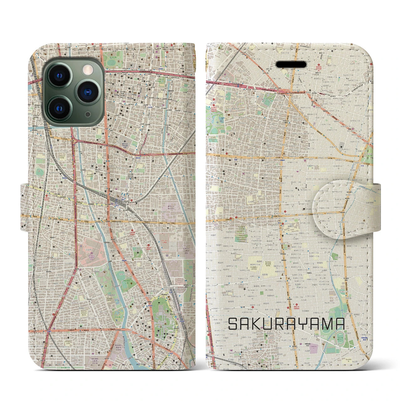 【桜山(愛知県)】地図柄iPhoneケース(手帳タイプ)ナチュラル・iPhone 11 Pro 用