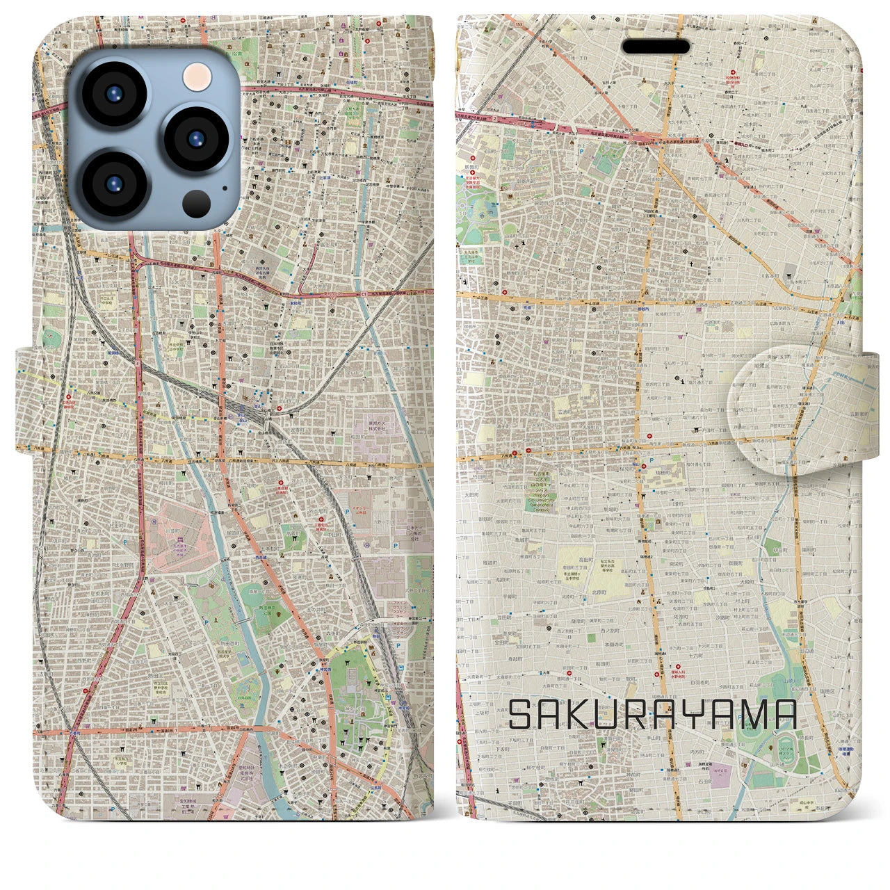 【桜山(愛知県)】地図柄iPhoneケース(手帳タイプ)ナチュラル・iPhone 13 Pro Max 用