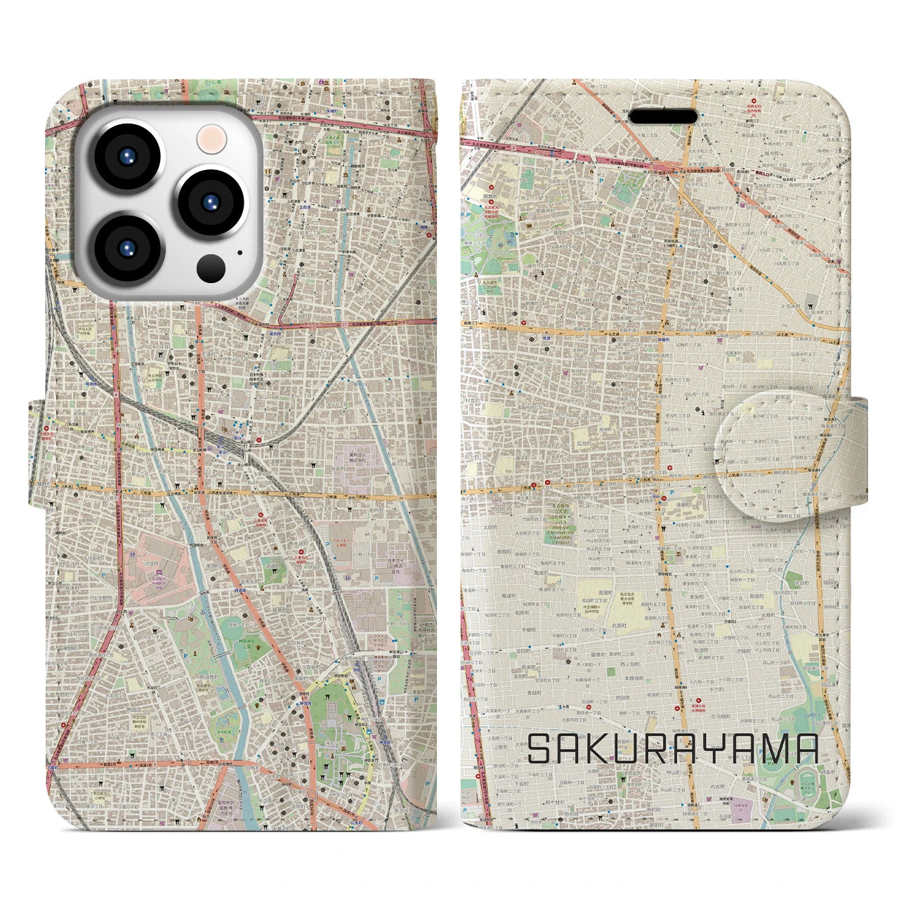 【桜山(愛知県)】地図柄iPhoneケース(手帳タイプ)ナチュラル・iPhone 13 Pro 用
