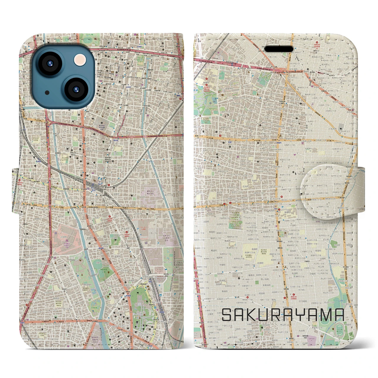 【桜山(愛知県)】地図柄iPhoneケース(手帳タイプ)ナチュラル・iPhone 13 用