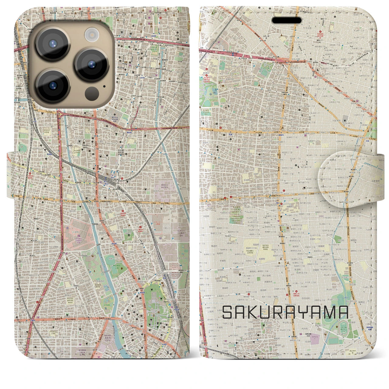【桜山(愛知県)】地図柄iPhoneケース(手帳タイプ)ナチュラル・iPhone 14 Pro Max 用