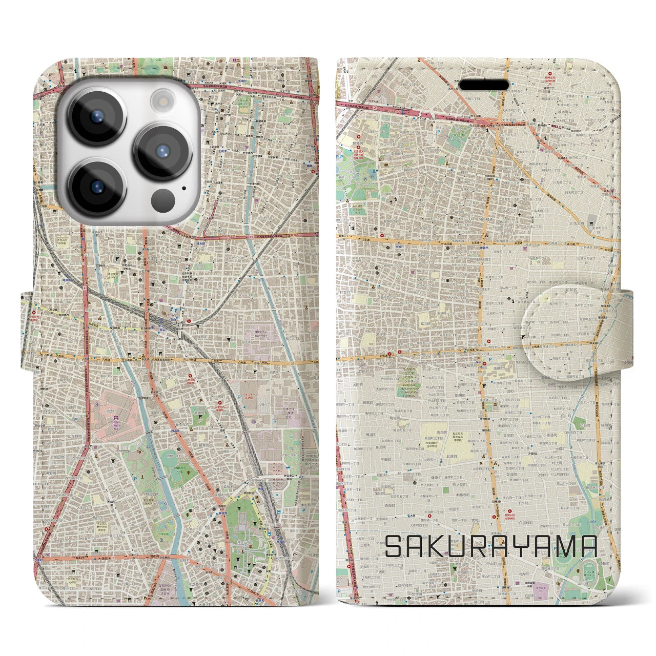 【桜山(愛知県)】地図柄iPhoneケース(手帳タイプ)ナチュラル・iPhone 14 Pro 用