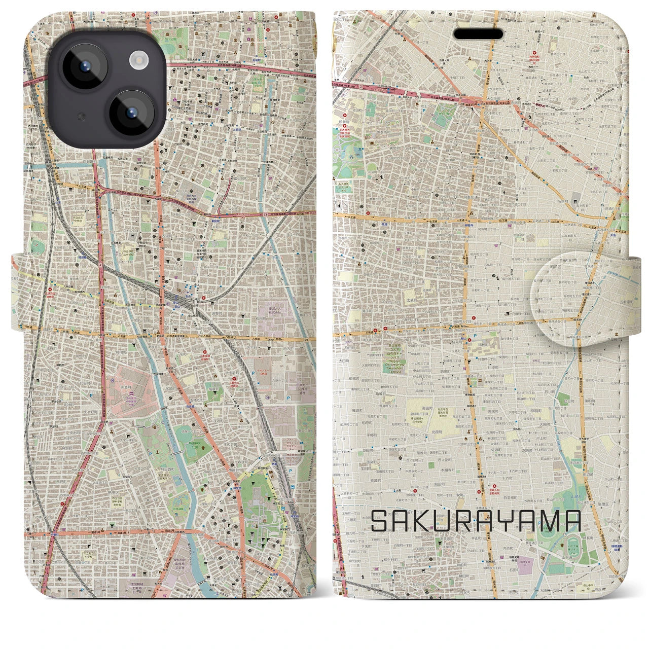 【桜山(愛知県)】地図柄iPhoneケース(手帳タイプ)ナチュラル・iPhone 14 Plus 用