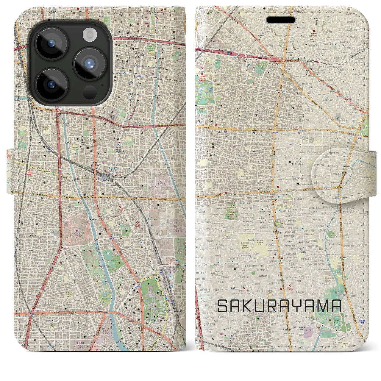 【桜山(愛知県)】地図柄iPhoneケース(手帳タイプ)ナチュラル・iPhone 15 Pro Max 用
