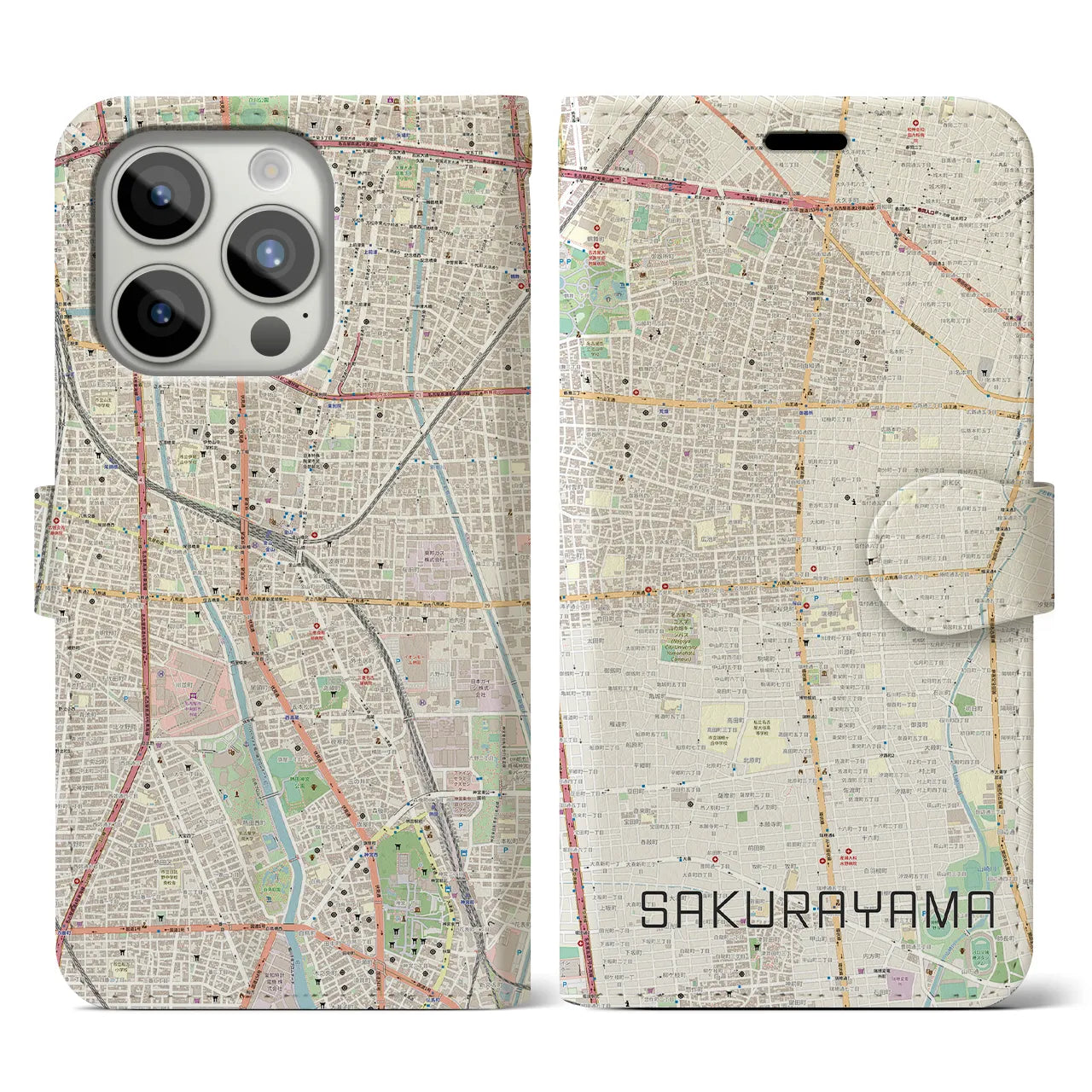 【桜山(愛知県)】地図柄iPhoneケース(手帳タイプ)ナチュラル・iPhone 15 Pro 用