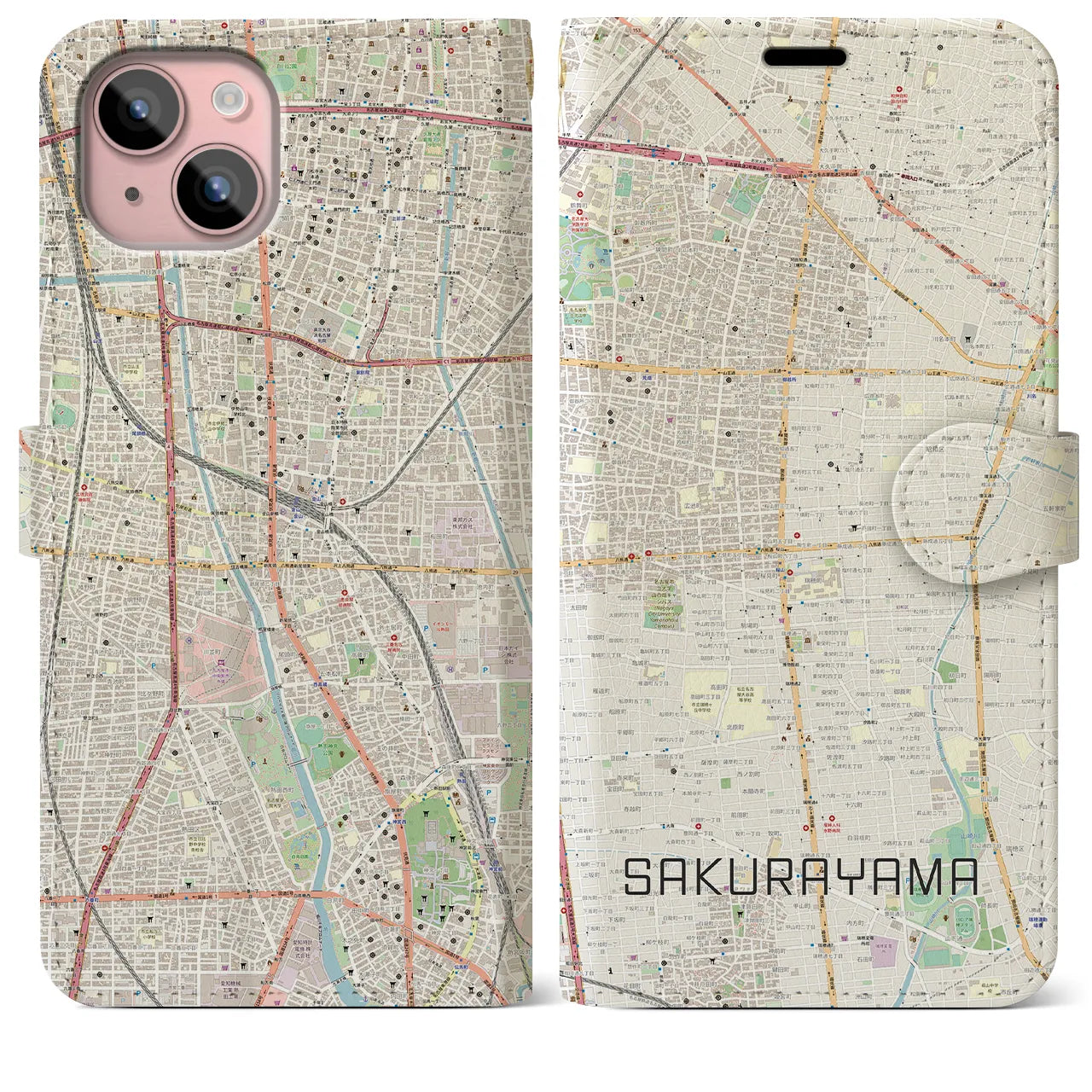 【桜山(愛知県)】地図柄iPhoneケース(手帳タイプ)ナチュラル・iPhone 15 Plus 用