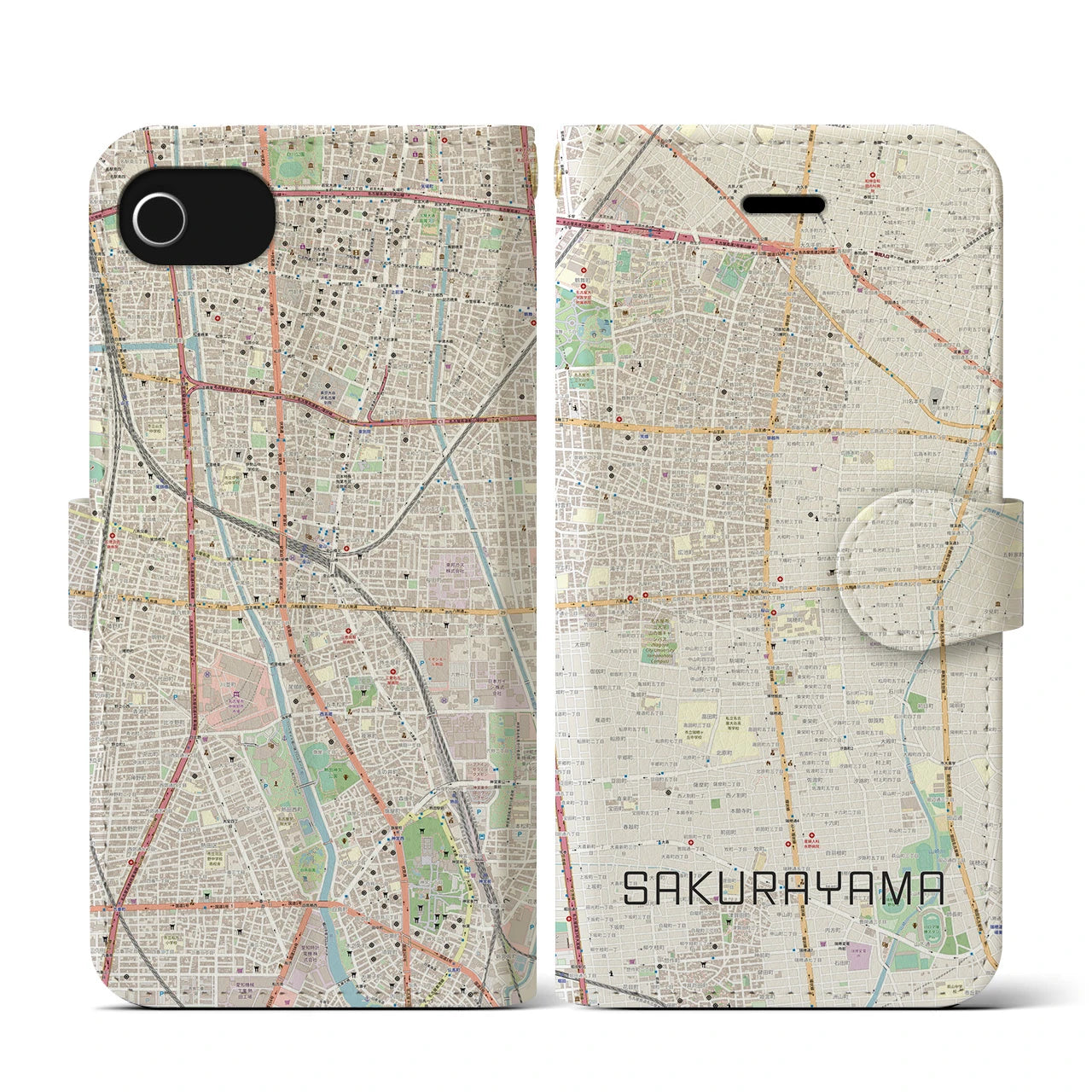 【桜山(愛知県)】地図柄iPhoneケース(手帳タイプ)ナチュラル・iPhone SE(第3 / 第2世代) / 8 / 7 / 6s / 6 用