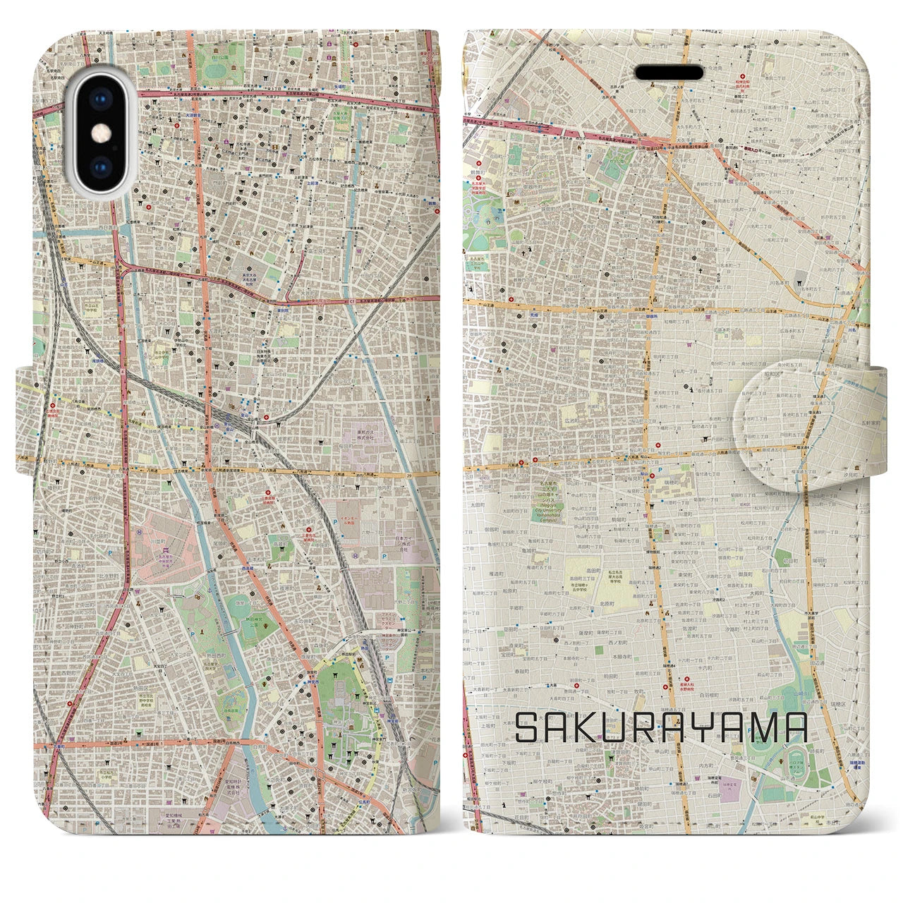 【桜山(愛知県)】地図柄iPhoneケース(手帳タイプ)ナチュラル・iPhone XS Max 用