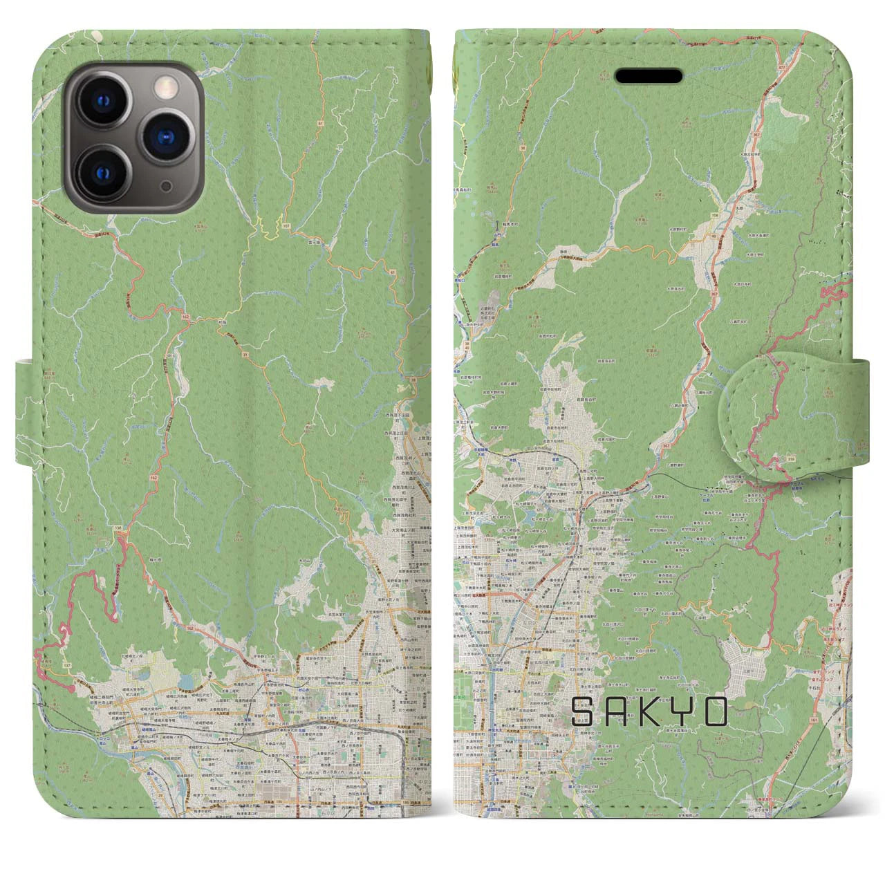 【左京(京都府)】地図柄iPhoneケース(手帳タイプ)ナチュラル・iPhone 11 Pro Max 用
