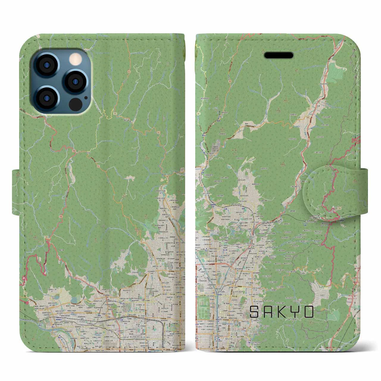 【左京(京都府)】地図柄iPhoneケース(手帳タイプ)ナチュラル・iPhone 12 / 12 Pro 用