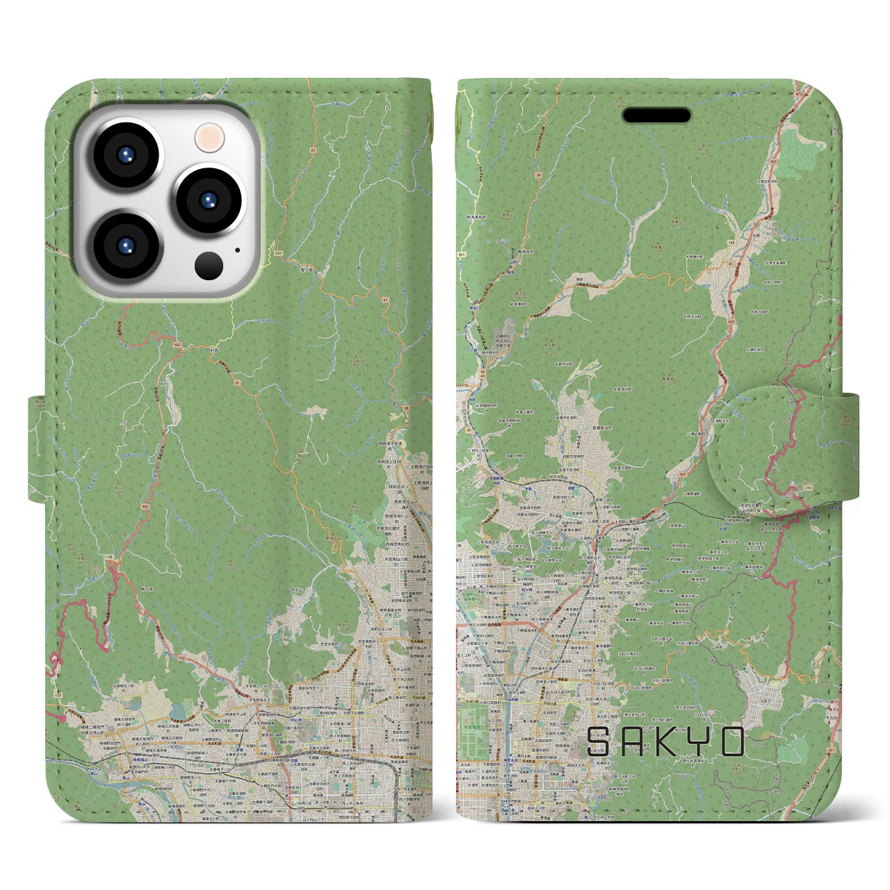 【左京(京都府)】地図柄iPhoneケース(手帳タイプ)ナチュラル・iPhone 13 Pro 用