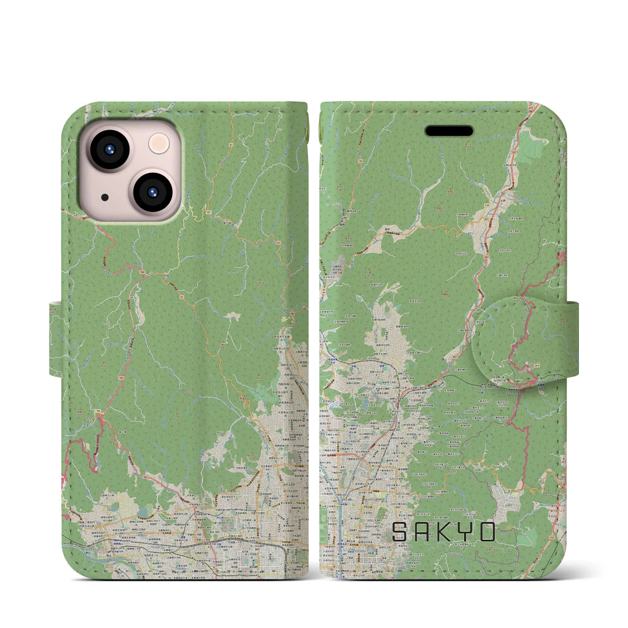 【左京(京都府)】地図柄iPhoneケース(手帳タイプ)ナチュラル・iPhone 13 mini 用