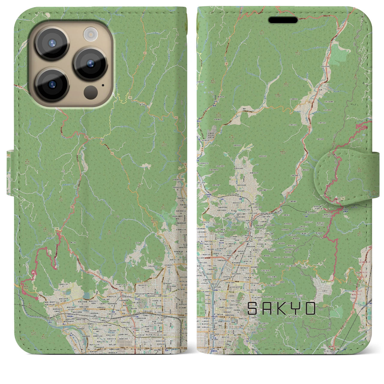 【左京(京都府)】地図柄iPhoneケース(手帳タイプ)ナチュラル・iPhone 14 Pro Max 用