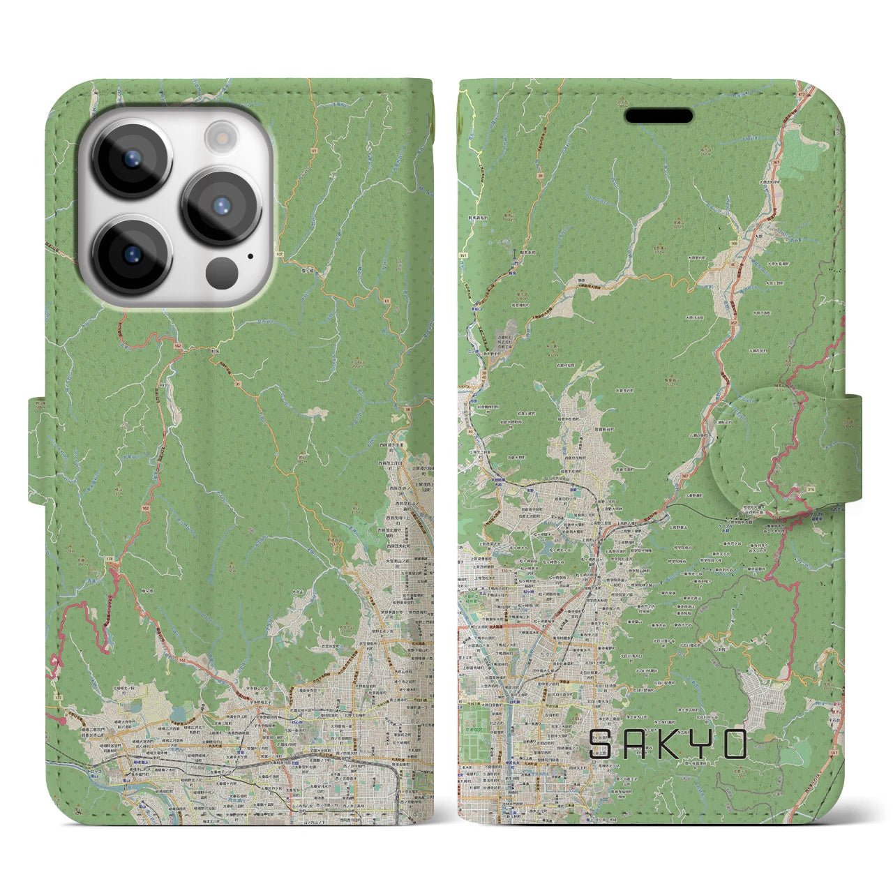 【左京(京都府)】地図柄iPhoneケース(手帳タイプ)ナチュラル・iPhone 14 Pro 用