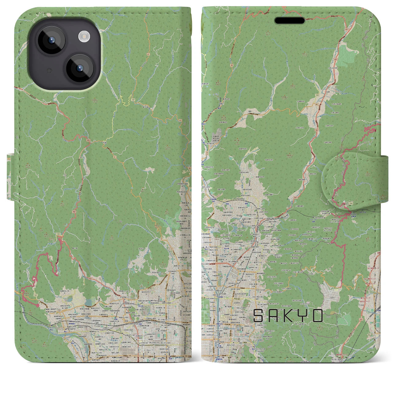 【左京(京都府)】地図柄iPhoneケース(手帳タイプ)ナチュラル・iPhone 14 Plus 用
