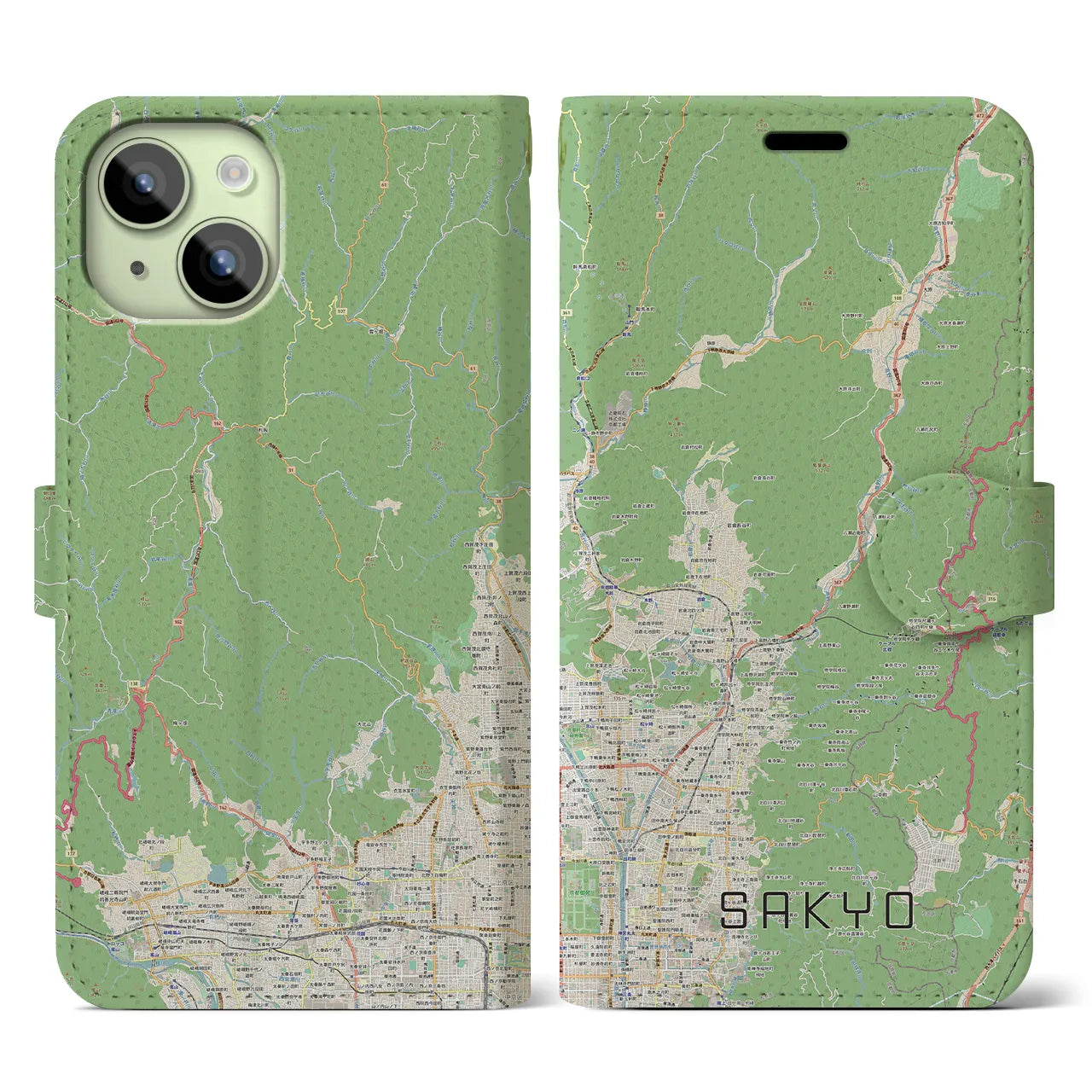 【左京(京都府)】地図柄iPhoneケース(手帳タイプ)ナチュラル・iPhone 15 用