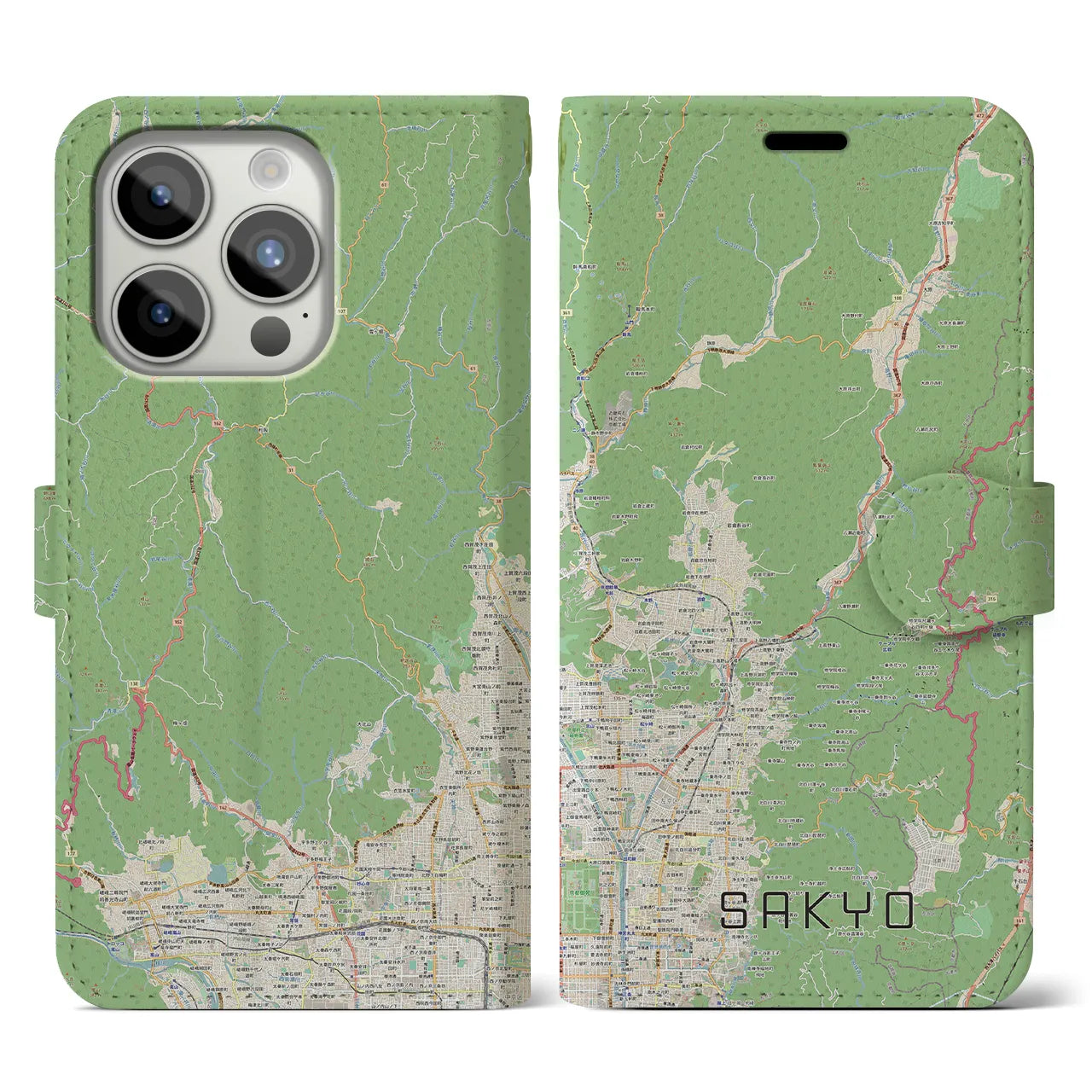 【左京(京都府)】地図柄iPhoneケース(手帳タイプ)ナチュラル・iPhone 15 Pro 用