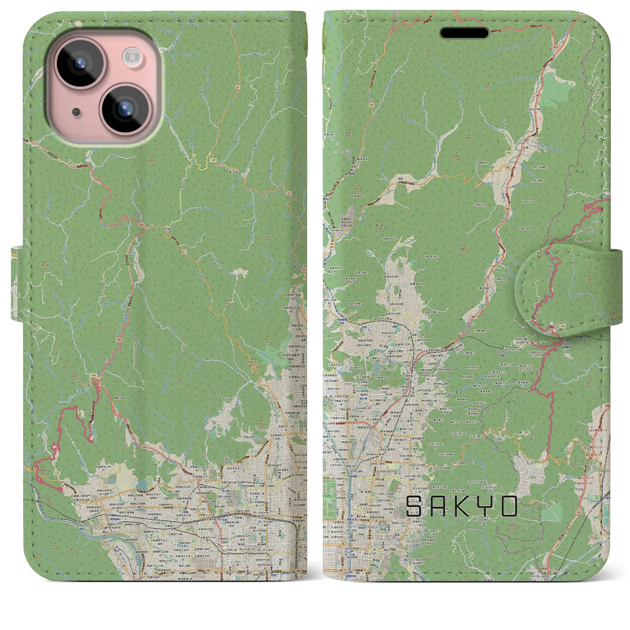 【左京(京都府)】地図柄iPhoneケース(手帳タイプ)ナチュラル・iPhone 15 Plus 用