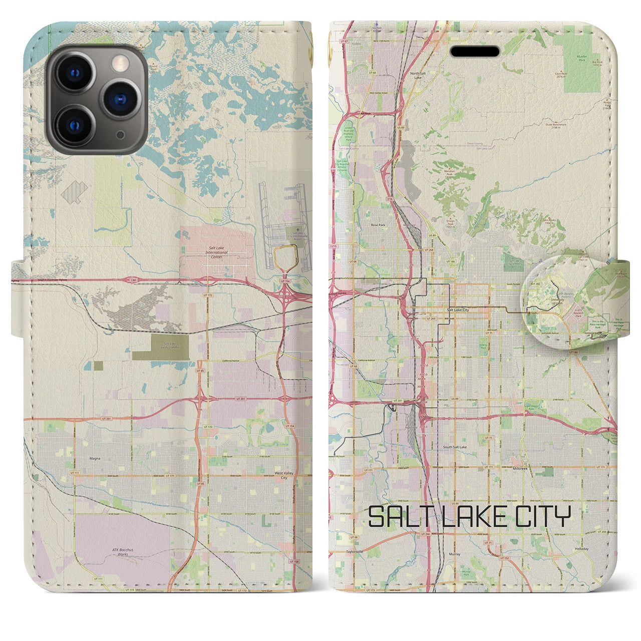 【ソルトレイクシティ(アメリカ)】地図柄iPhoneケース(手帳タイプ)ナチュラル・iPhone 11 Pro Max 用