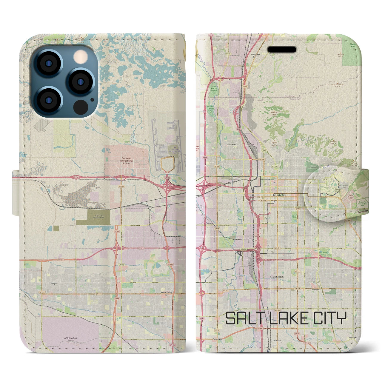 【ソルトレイクシティ(アメリカ)】地図柄iPhoneケース(手帳タイプ)ナチュラル・iPhone 12 / 12 Pro 用