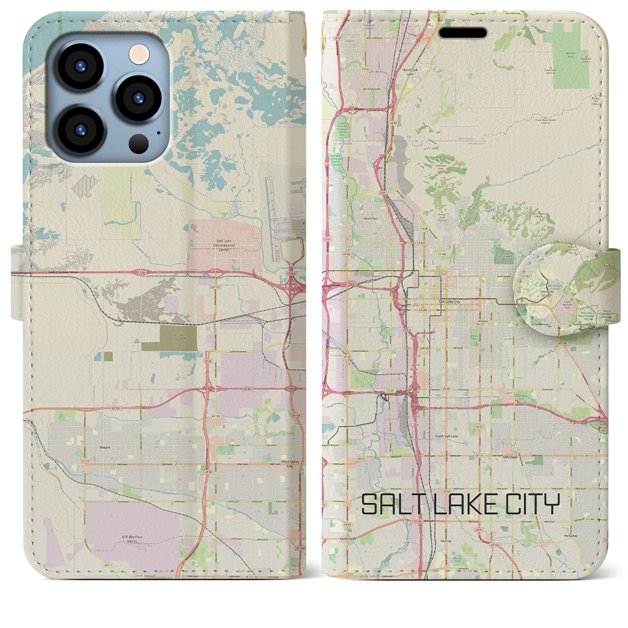 【ソルトレイクシティ(アメリカ)】地図柄iPhoneケース(手帳タイプ)ナチュラル・iPhone 13 Pro Max 用