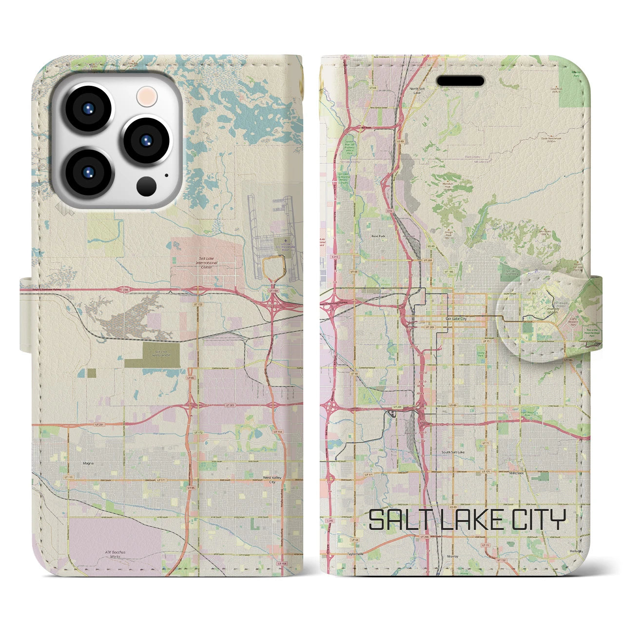 【ソルトレイクシティ(アメリカ)】地図柄iPhoneケース(手帳タイプ)ナチュラル・iPhone 13 Pro 用