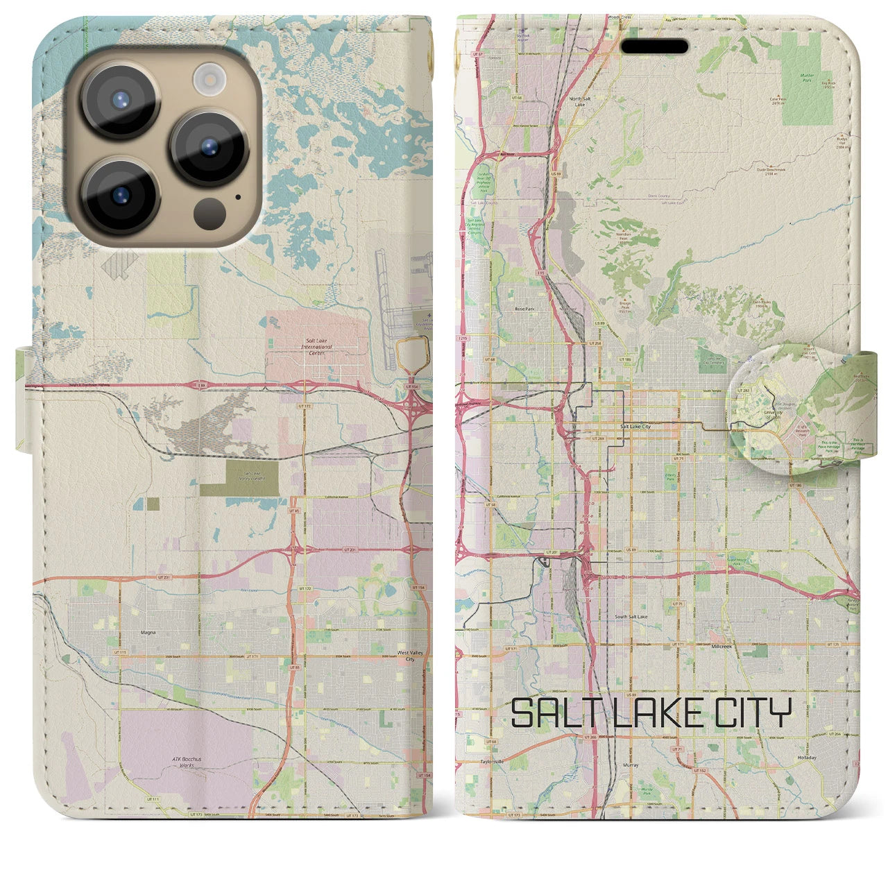 【ソルトレイクシティ(アメリカ)】地図柄iPhoneケース(手帳タイプ)ナチュラル・iPhone 14 Pro Max 用