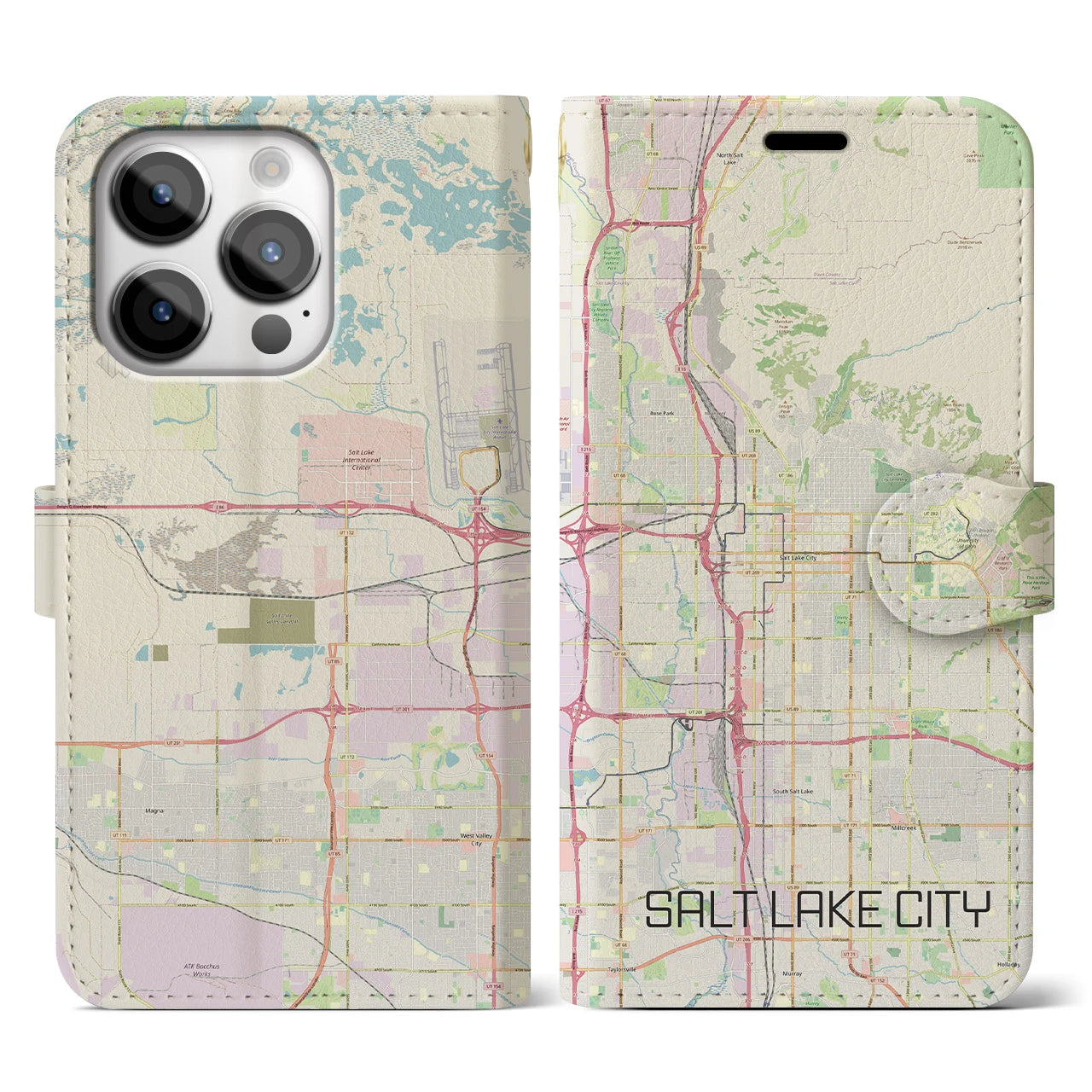 【ソルトレイクシティ(アメリカ)】地図柄iPhoneケース(手帳タイプ)ナチュラル・iPhone 14 Pro 用
