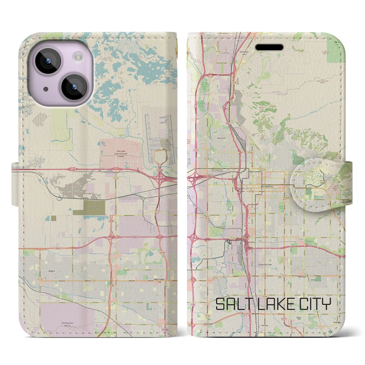 【ソルトレイクシティ(アメリカ)】地図柄iPhoneケース(手帳タイプ)ナチュラル・iPhone 14 用
