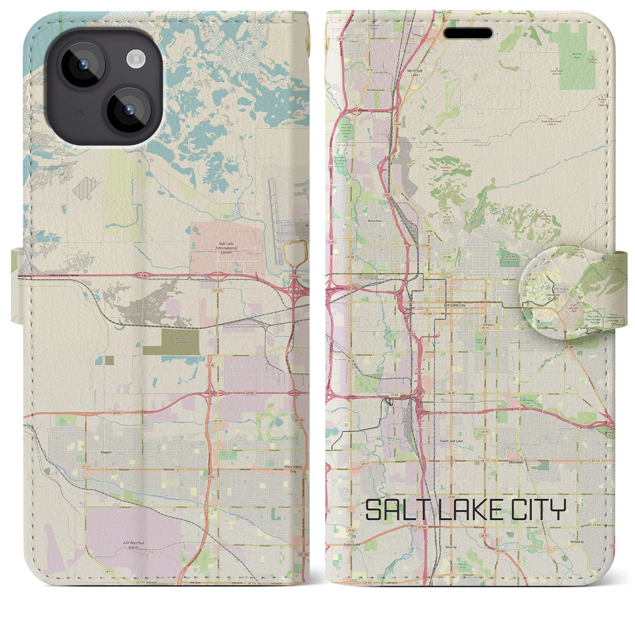 【ソルトレイクシティ(アメリカ)】地図柄iPhoneケース(手帳タイプ)ナチュラル・iPhone 14 Plus 用
