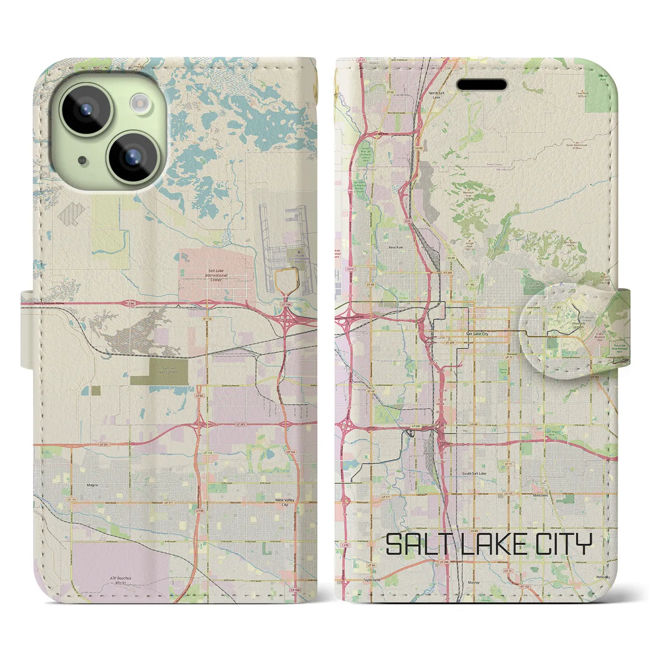 【ソルトレイクシティ(アメリカ)】地図柄iPhoneケース(手帳タイプ)ナチュラル・iPhone 15 用