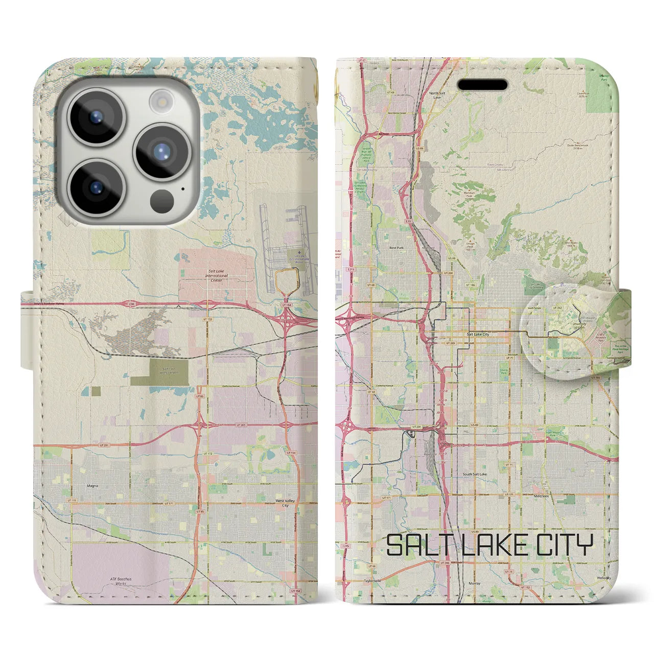 【ソルトレイクシティ(アメリカ)】地図柄iPhoneケース(手帳タイプ)ナチュラル・iPhone 15 Pro 用