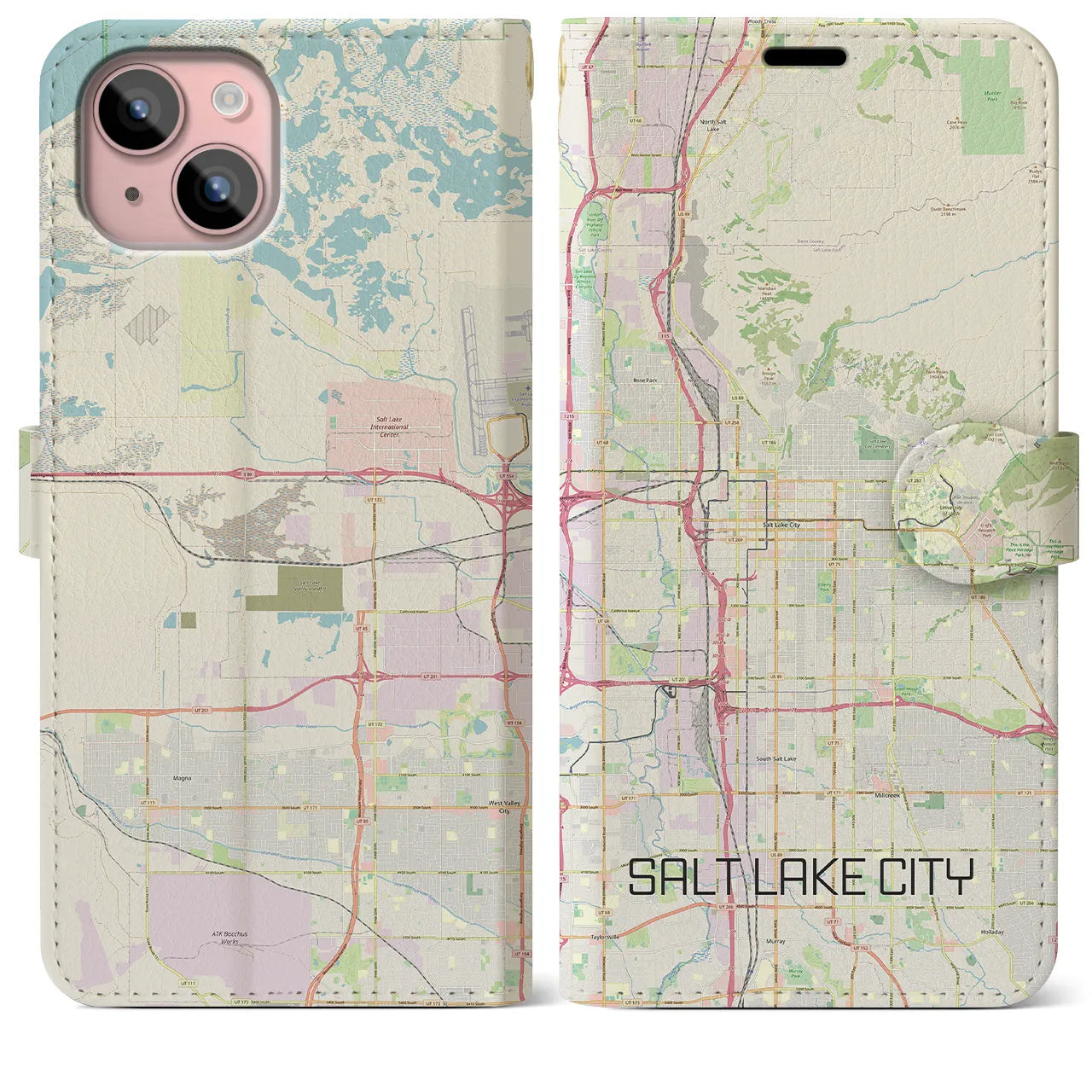 【ソルトレイクシティ(アメリカ)】地図柄iPhoneケース(手帳タイプ)ナチュラル・iPhone 15 Plus 用