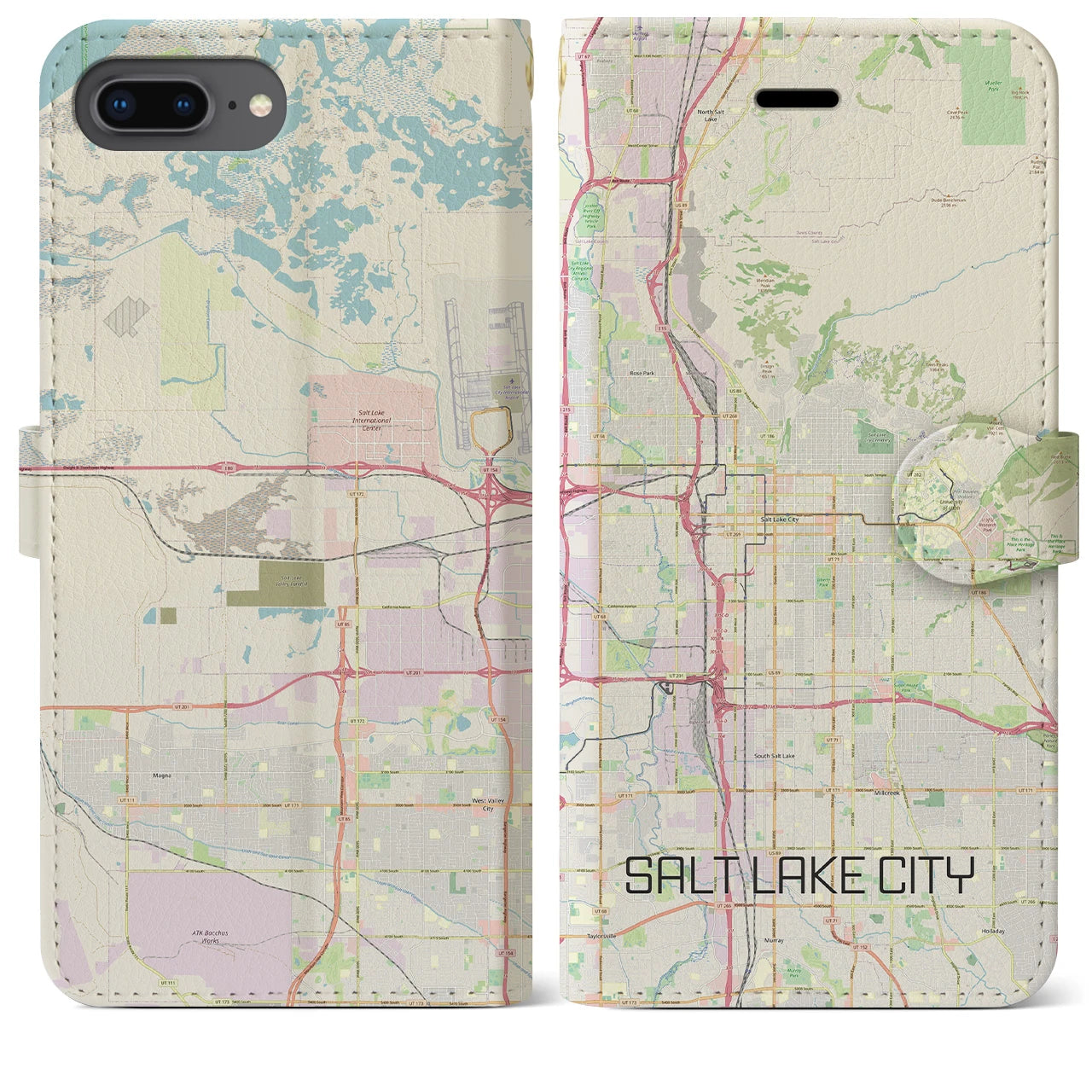 【ソルトレイクシティ(アメリカ)】地図柄iPhoneケース(手帳タイプ)ナチュラル・iPhone 8Plus /7Plus / 6sPlus / 6Plus 用
