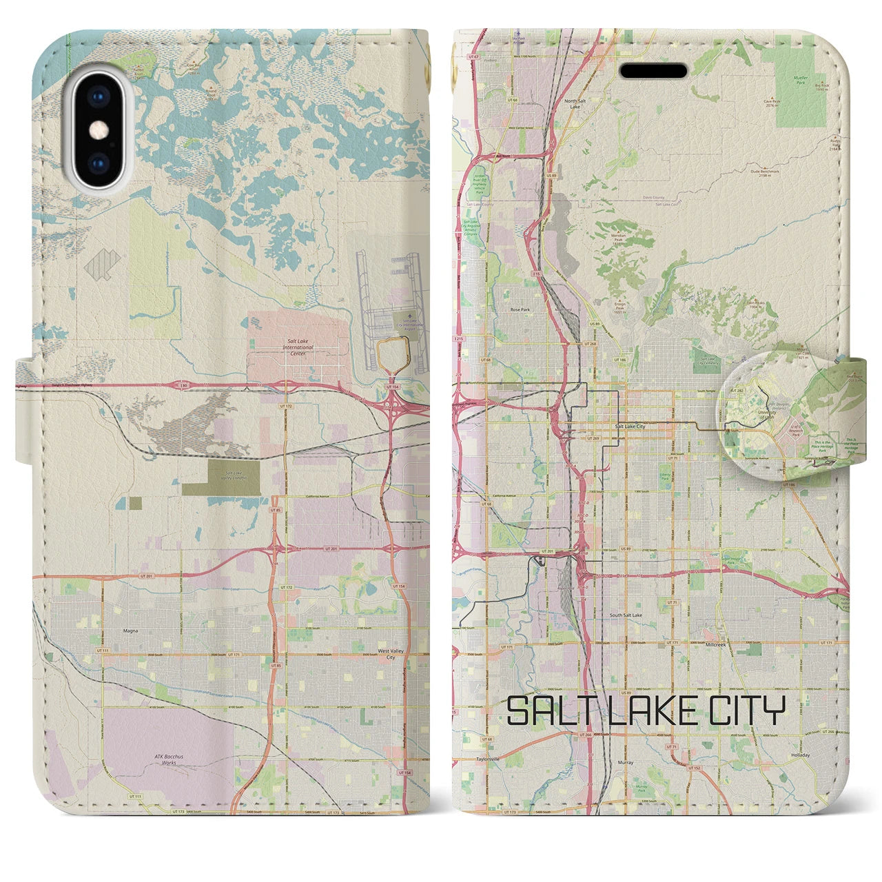 【ソルトレイクシティ(アメリカ)】地図柄iPhoneケース(手帳タイプ)ナチュラル・iPhone XS Max 用