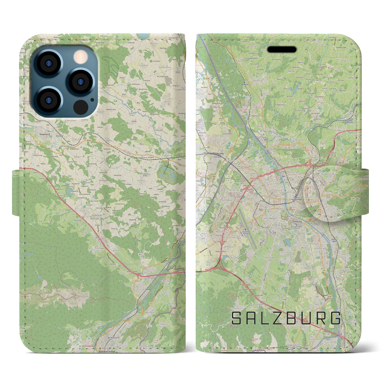 【ザルツブルク(オーストリア)】地図柄iPhoneケース(手帳タイプ)ナチュラル・iPhone 12 / 12 Pro 用