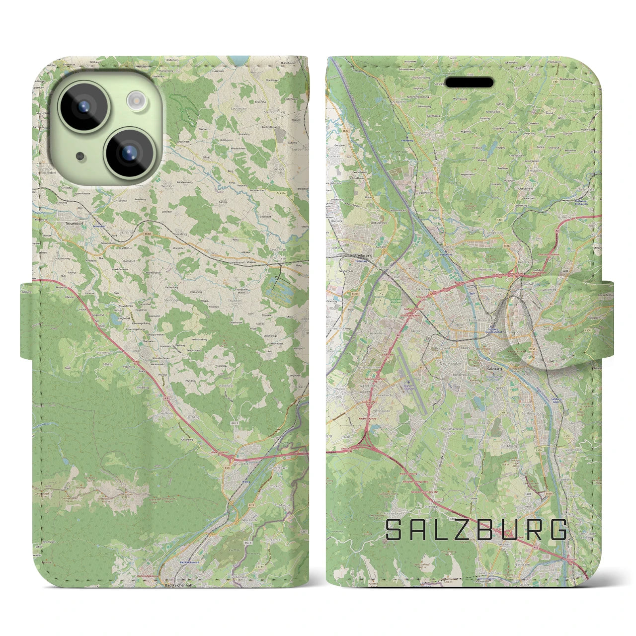 【ザルツブルク(オーストリア)】地図柄iPhoneケース(手帳タイプ)ナチュラル・iPhone 15 用
