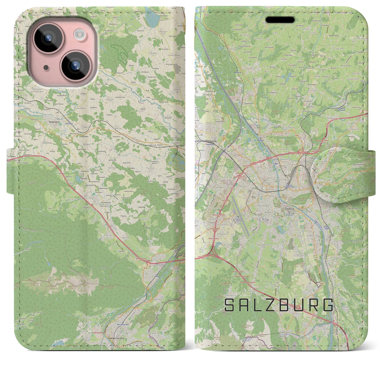 【ザルツブルク(オーストリア)】地図柄iPhoneケース(手帳タイプ)ナチュラル・iPhone 15 Plus 用