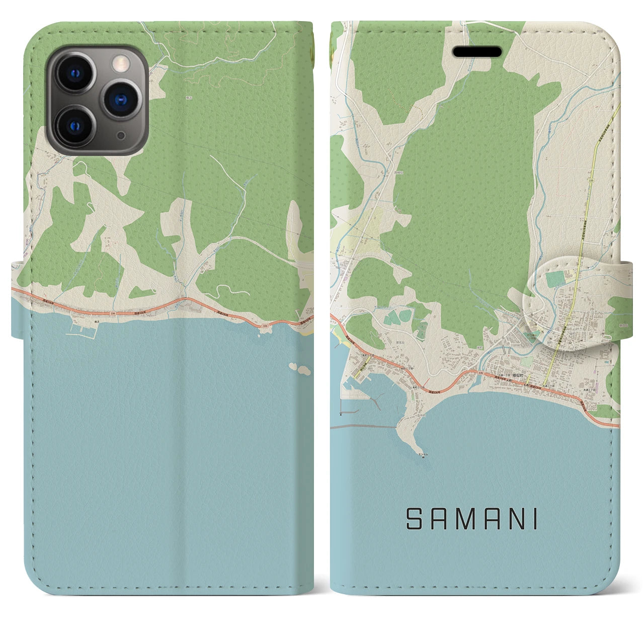 【様似(北海道)】地図柄iPhoneケース(手帳タイプ)ナチュラル・iPhone 11 Pro Max 用