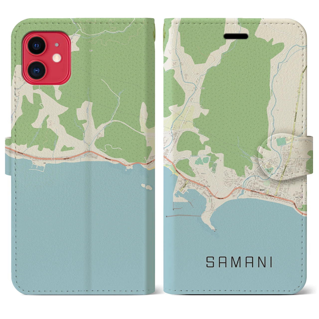 【様似(北海道)】地図柄iPhoneケース(手帳タイプ)ナチュラル・iPhone 11 用