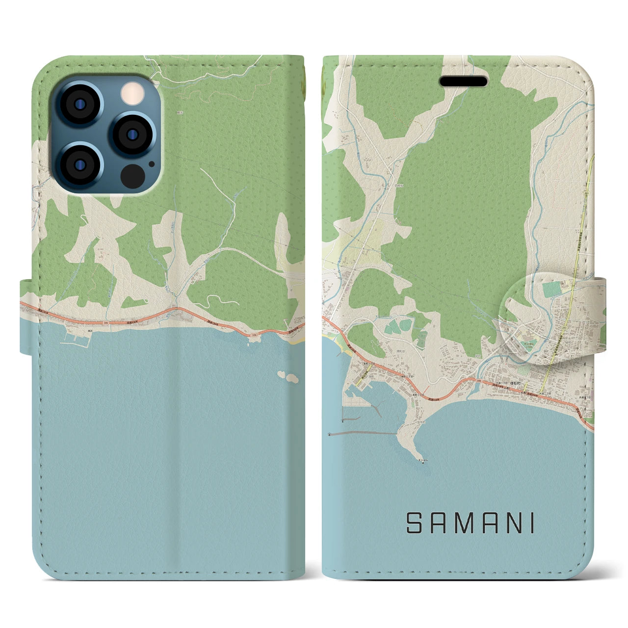 【様似(北海道)】地図柄iPhoneケース(手帳タイプ)ナチュラル・iPhone 12 / 12 Pro 用