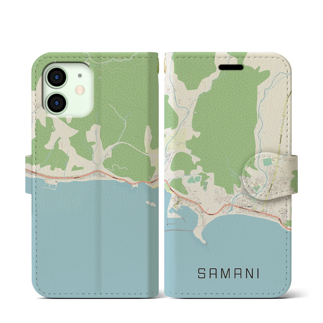 【様似(北海道)】地図柄iPhoneケース(手帳タイプ)ナチュラル・iPhone 12 mini 用