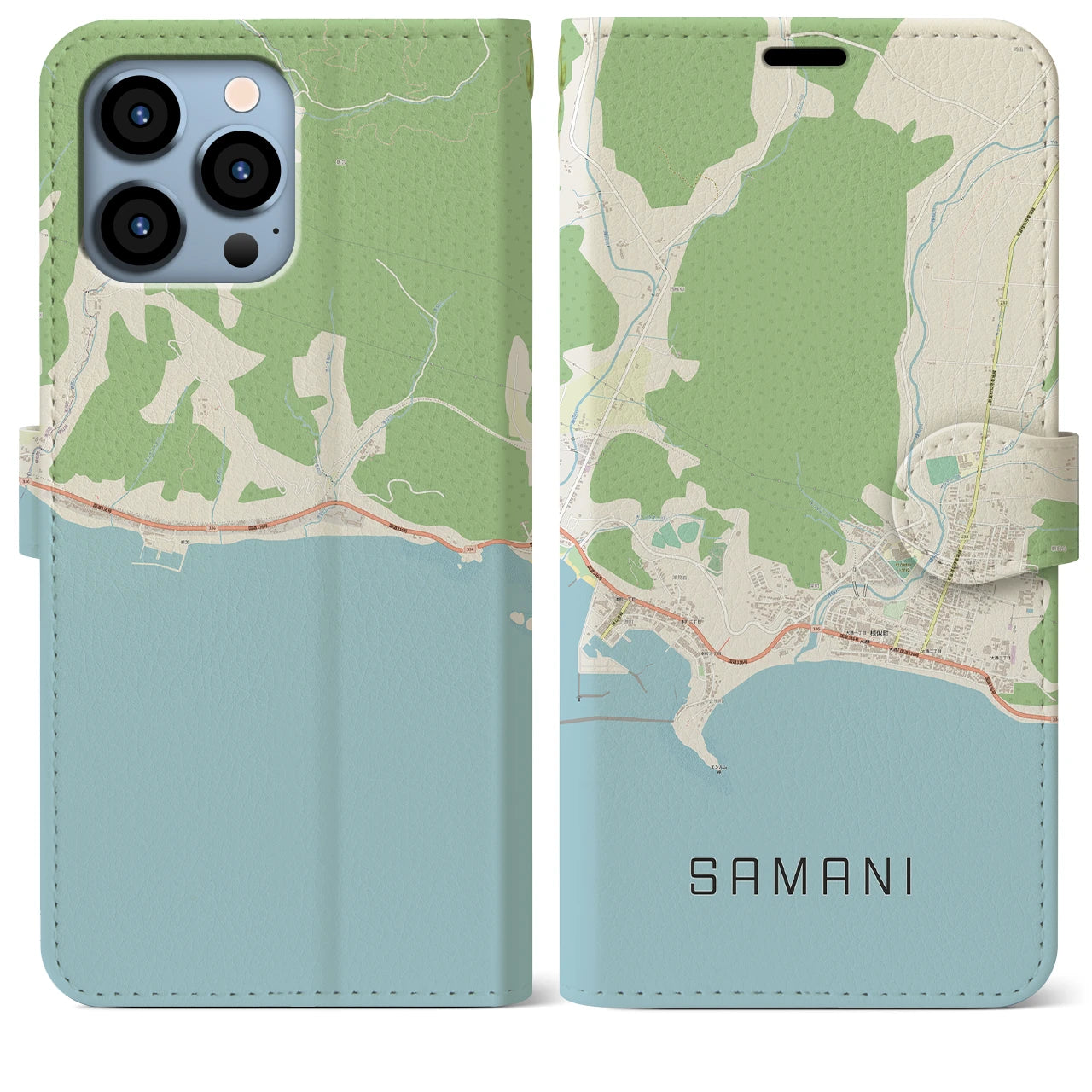 【様似(北海道)】地図柄iPhoneケース(手帳タイプ)ナチュラル・iPhone 13 Pro Max 用
