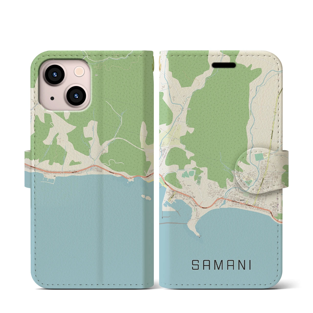 【様似(北海道)】地図柄iPhoneケース(手帳タイプ)ナチュラル・iPhone 13 mini 用