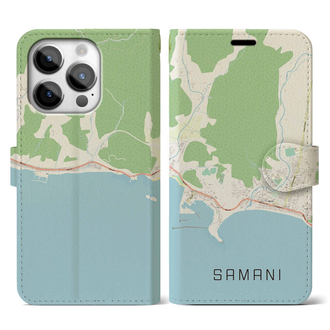 【様似(北海道)】地図柄iPhoneケース(手帳タイプ)ナチュラル・iPhone 14 Pro 用