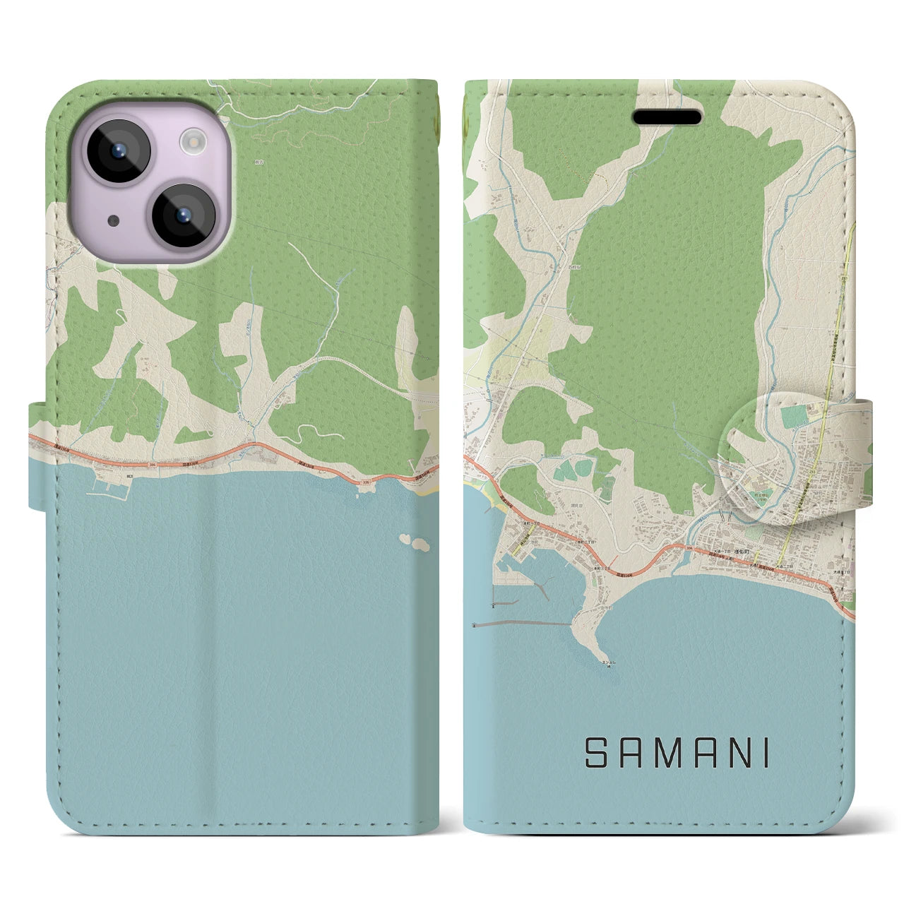 【様似(北海道)】地図柄iPhoneケース(手帳タイプ)ナチュラル・iPhone 14 用