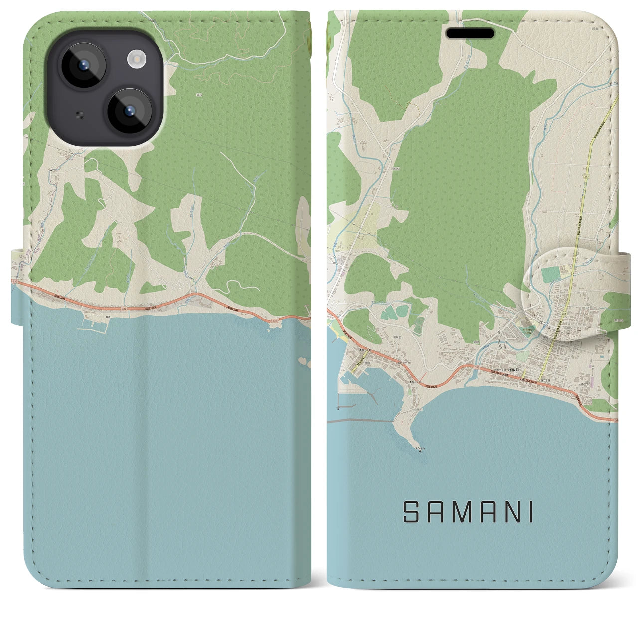 【様似(北海道)】地図柄iPhoneケース(手帳タイプ)ナチュラル・iPhone 14 Plus 用